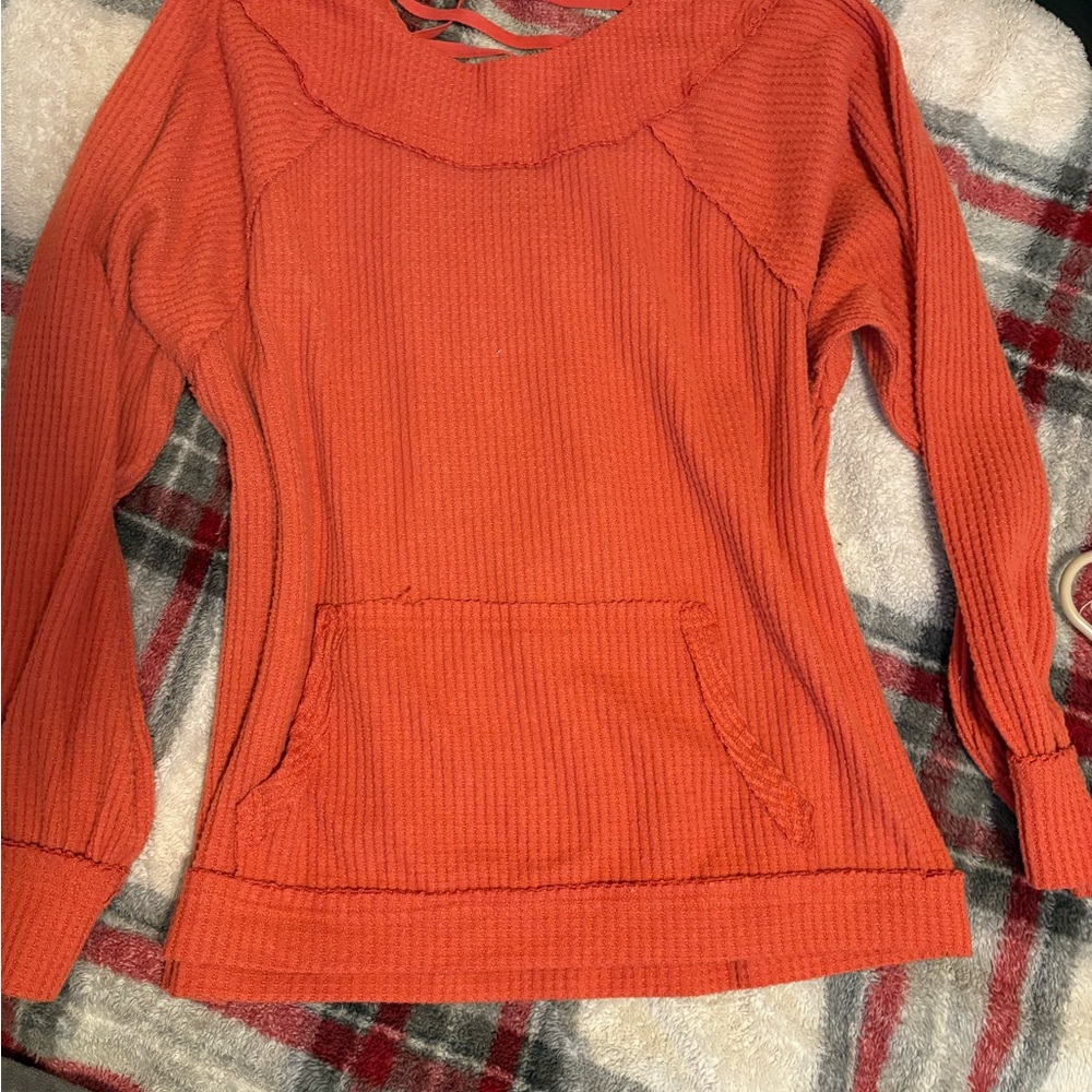 Cozy Waffle Knit Pullover Sweatshirt - Orange